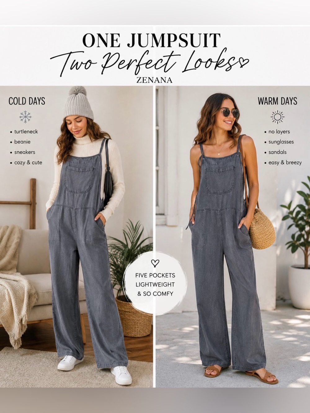 Zenana Outfitters Ash Black Wide-Leg Casual Jumpsuit with Adjustable Straps Sz